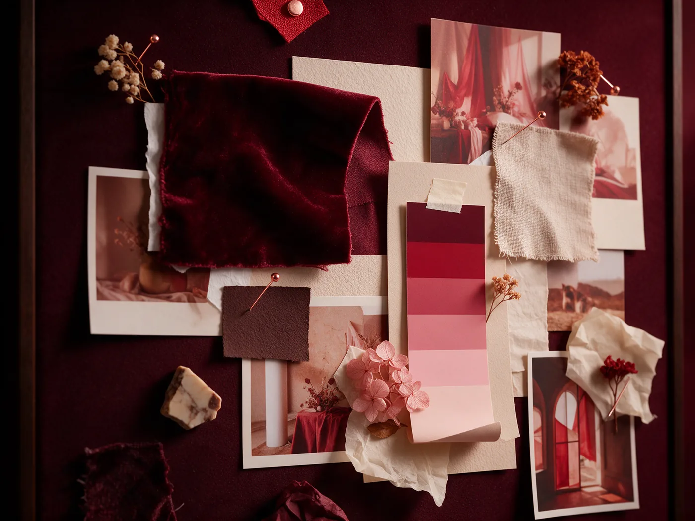 Moodboard de direção de arte com fotos, tecidos e paleta de cores em vinho e rosa
