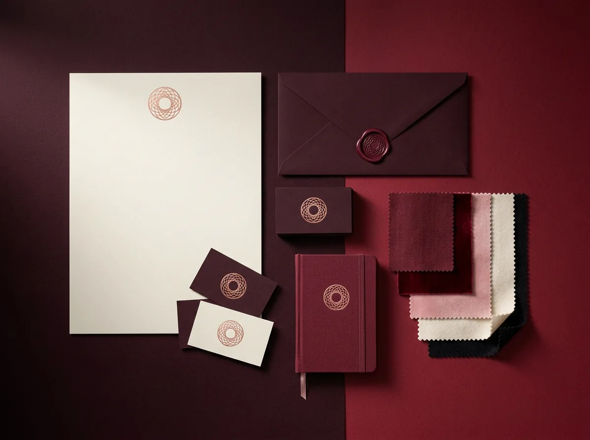 Papelaria de marca em tons de vinho com o mesmo emblema aplicado em cartões, envelope e caderno