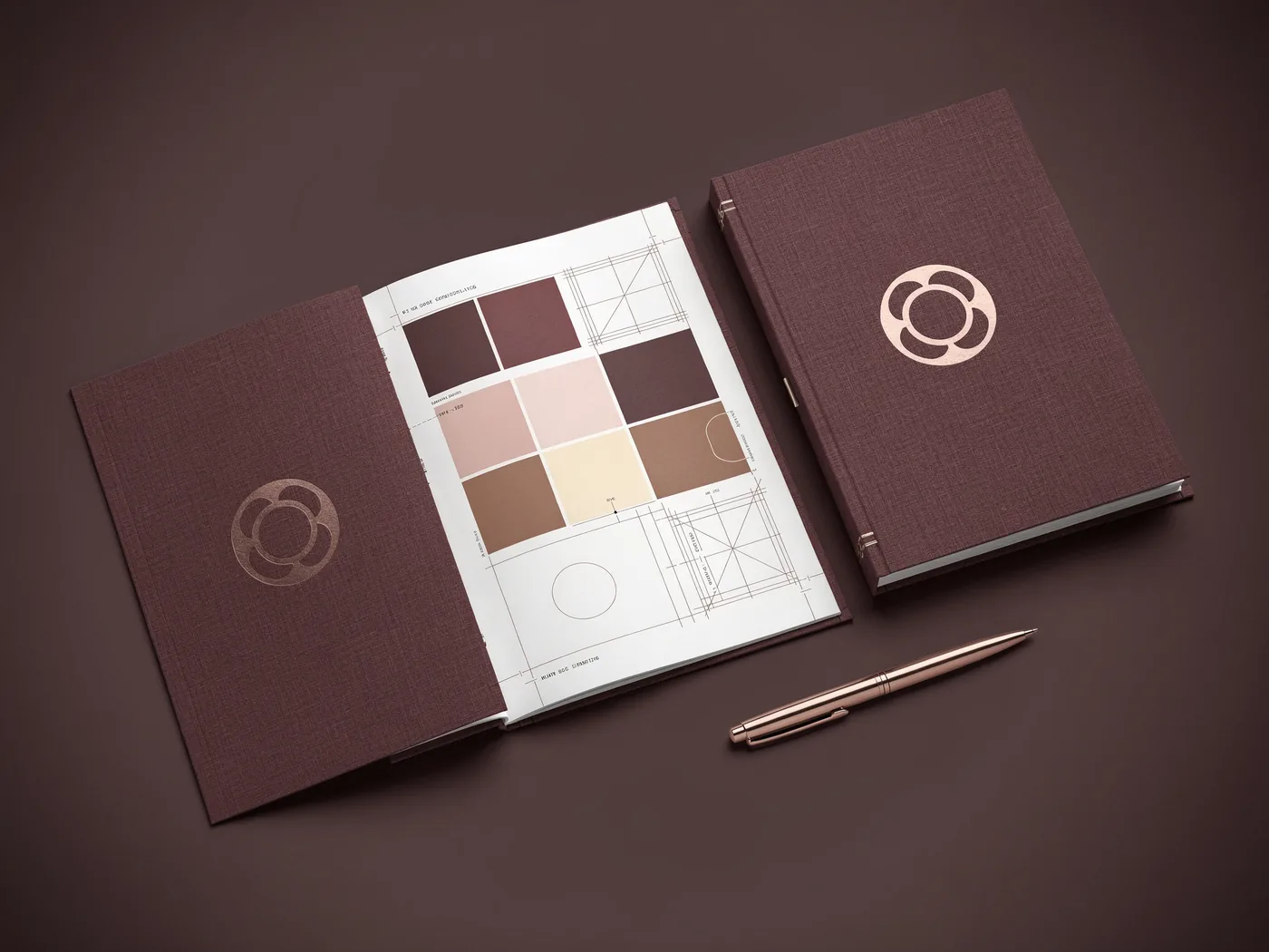 Manual de marca aberto com capa em linho vinho, paleta de cores e grade de construção do logo
