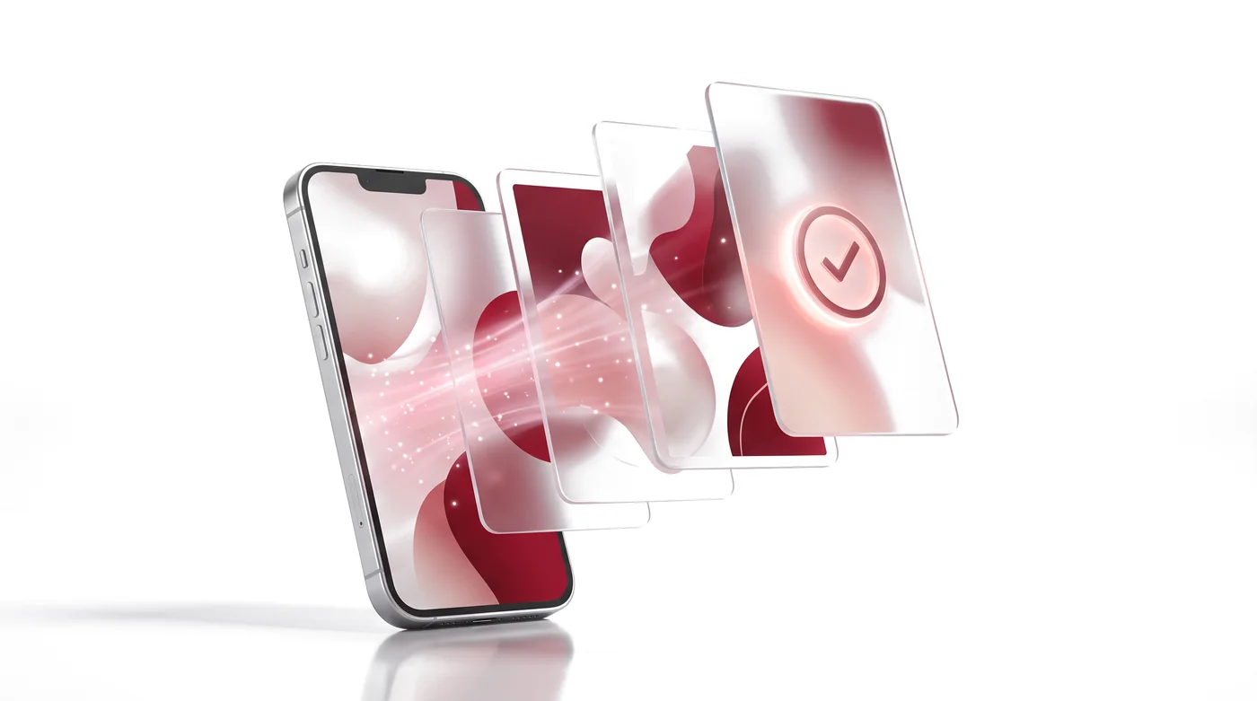 Celular projetando várias versões de anúncio em leque, com uma delas marcada como vencedora