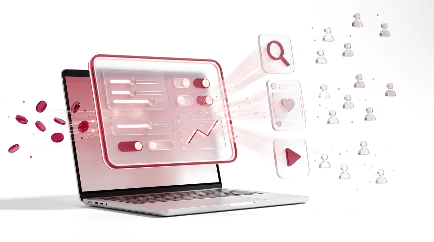 Notebook projetando um painel de controle de campanhas com orçamento, ligado a canais de busca, redes sociais e vídeo