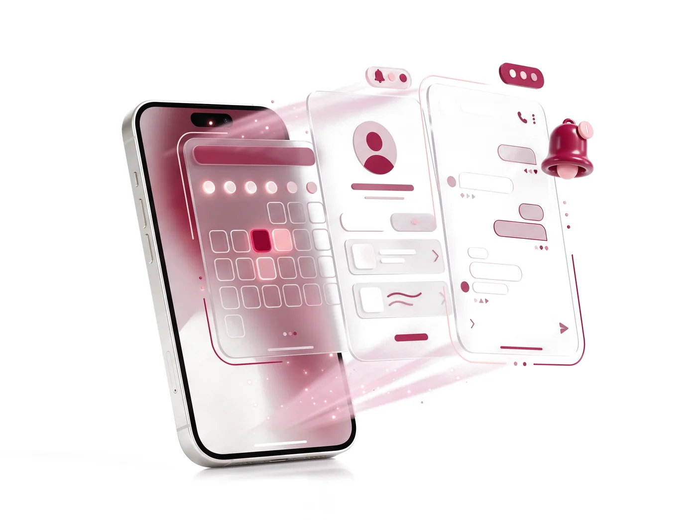Celular com telas de aplicativo de agenda, perfil e chat projetadas em leque, com sino de notificação