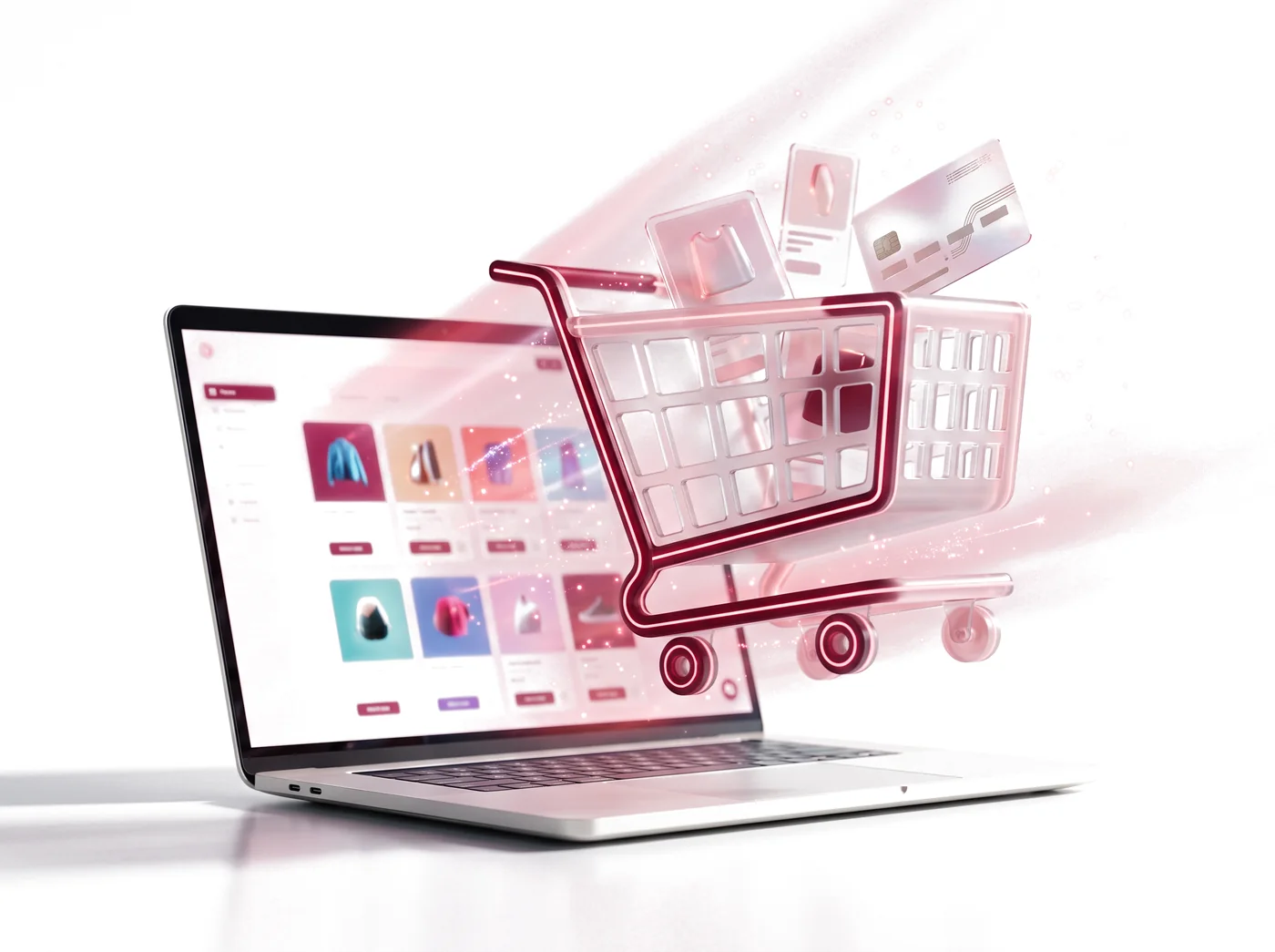 Notebook com uma loja virtual e um carrinho de compras de vidro projetado para fora da tela